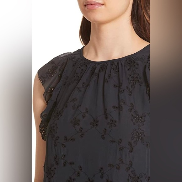 Joie 100% Silk Candida Lace Eyelet Top In Caviar, Size XS - Picture 3 of 11